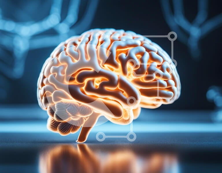 cerebro humano rodeado de sombras y luces