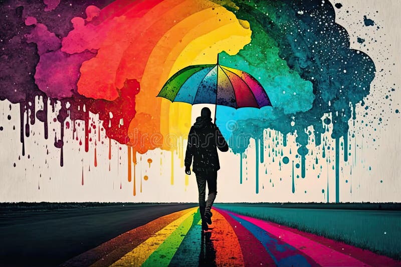 hombre bajo la lluvia con paraguas colorido